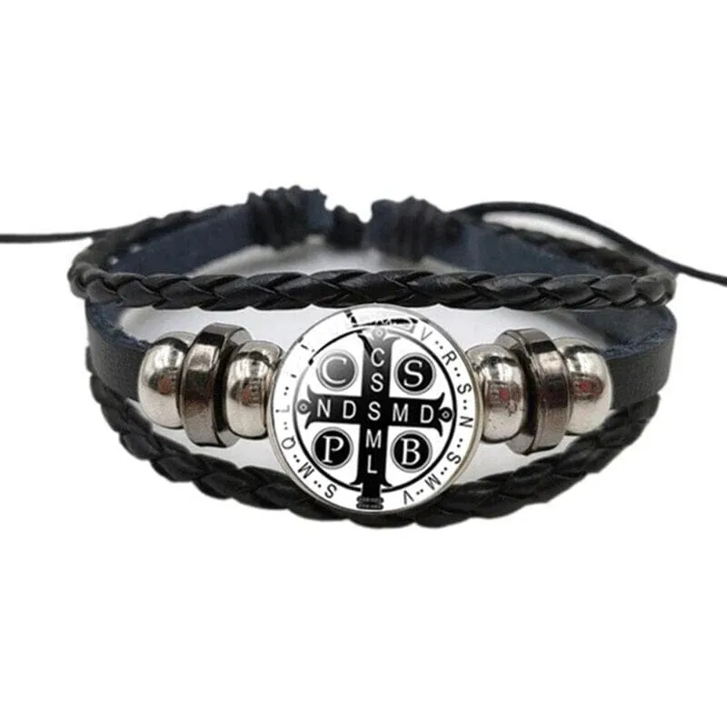 WWJD Saint Benedict Leather Bracelet