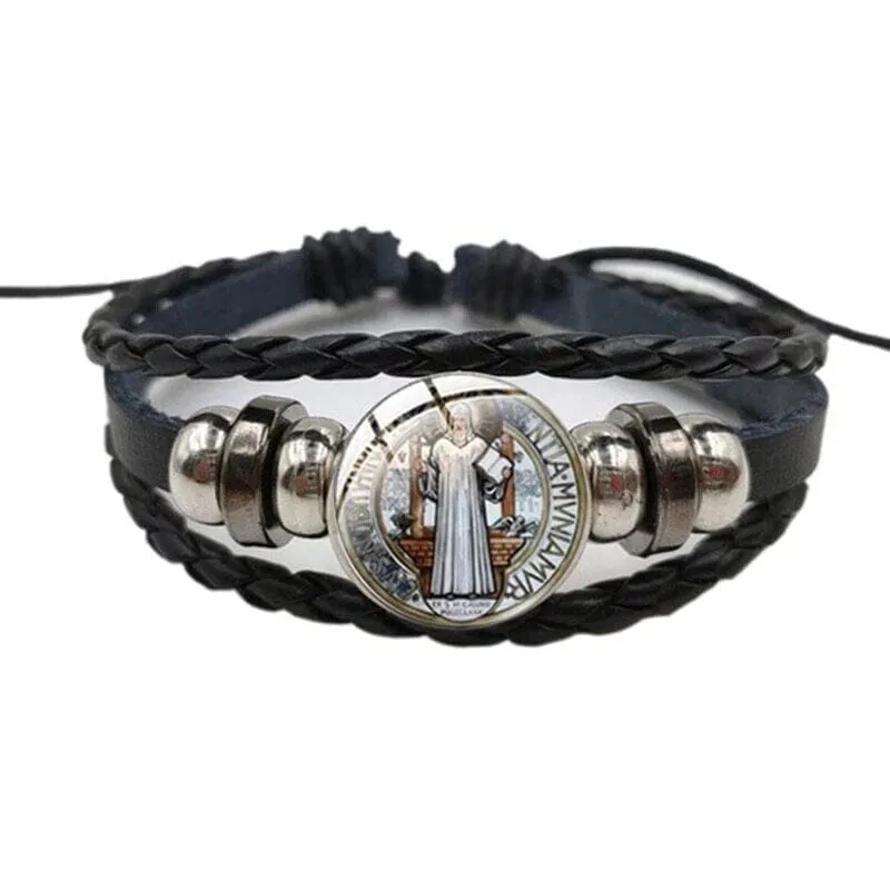 WWJD Saint Benedict Leather Bracelet