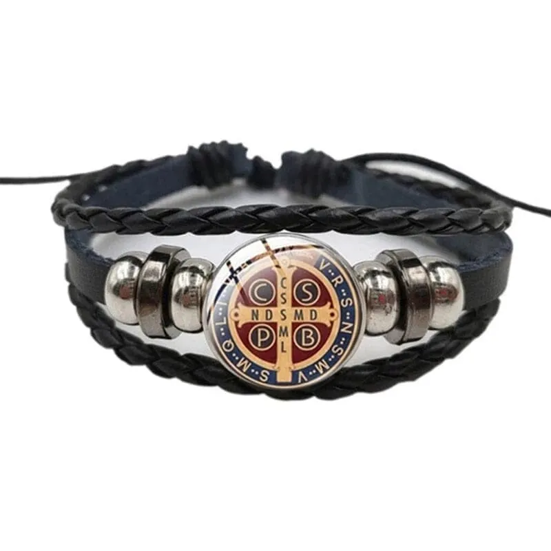 WWJD Saint Benedict Leather Bracelet